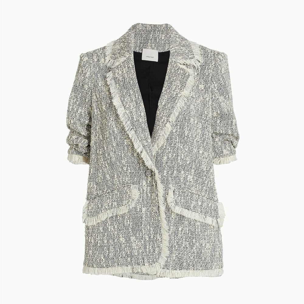 NWT Cinq à Sept Erin Bouclé Fringe Tweed Blazer Black Ivory $425 - Size 8